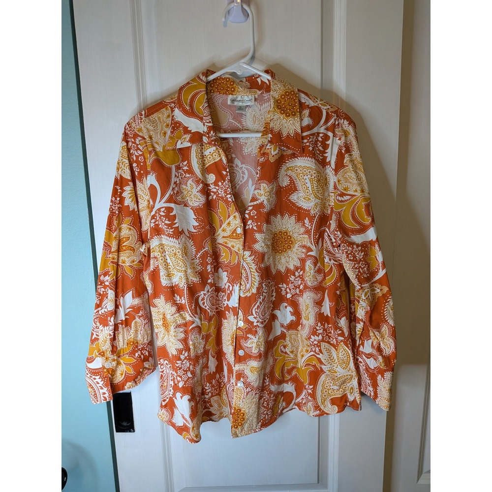 Coldwater Creek XL Orange Paisley Floral Button Front Long Sleeve Shirt Top